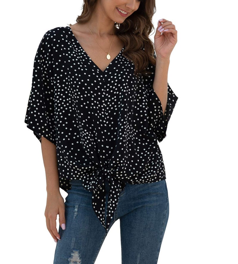 VIISHOW Women Bell Sleeve Shirt Tie Knot Casual Chiffon Blouses Tops(Black Dot,X-Large) - Image 1